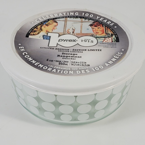 Pyrex 100th Anniversary White Polka Dot 4 cup bowl Glass container NEW - Picture 2 of 6